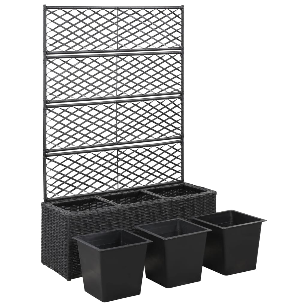 vidaXL Hochbeet mit Rankgitter 3 Töpfe 83×30×130cm Poly Rattan Schwarz