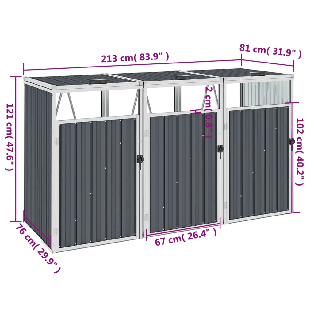 vidaXL Mülltonnenbox für 3 Mülltonnen Grau 213×81×121 cm Stahl