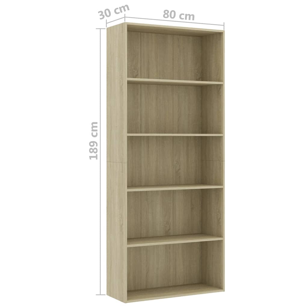 vidaXL Bücherregal 5 Fächer Sonoma-Eiche 80x30x189 cm Holzwerkstoff