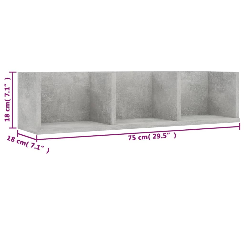 vidaXL CD-Wandregal Betongrau 75x18x18 cm Holzwerkstoff