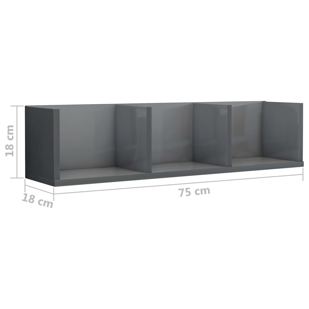 vidaXL CD-Wandregal Hochglanz-Grau 75x18x18 cm Holzwerkstoff