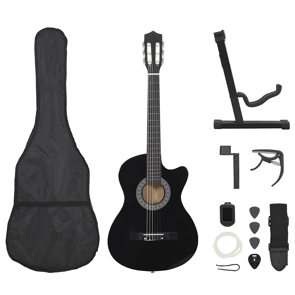 vidaXL 12-tlg Westerngitarre Set mit 6 Saiten Schwarz 38"