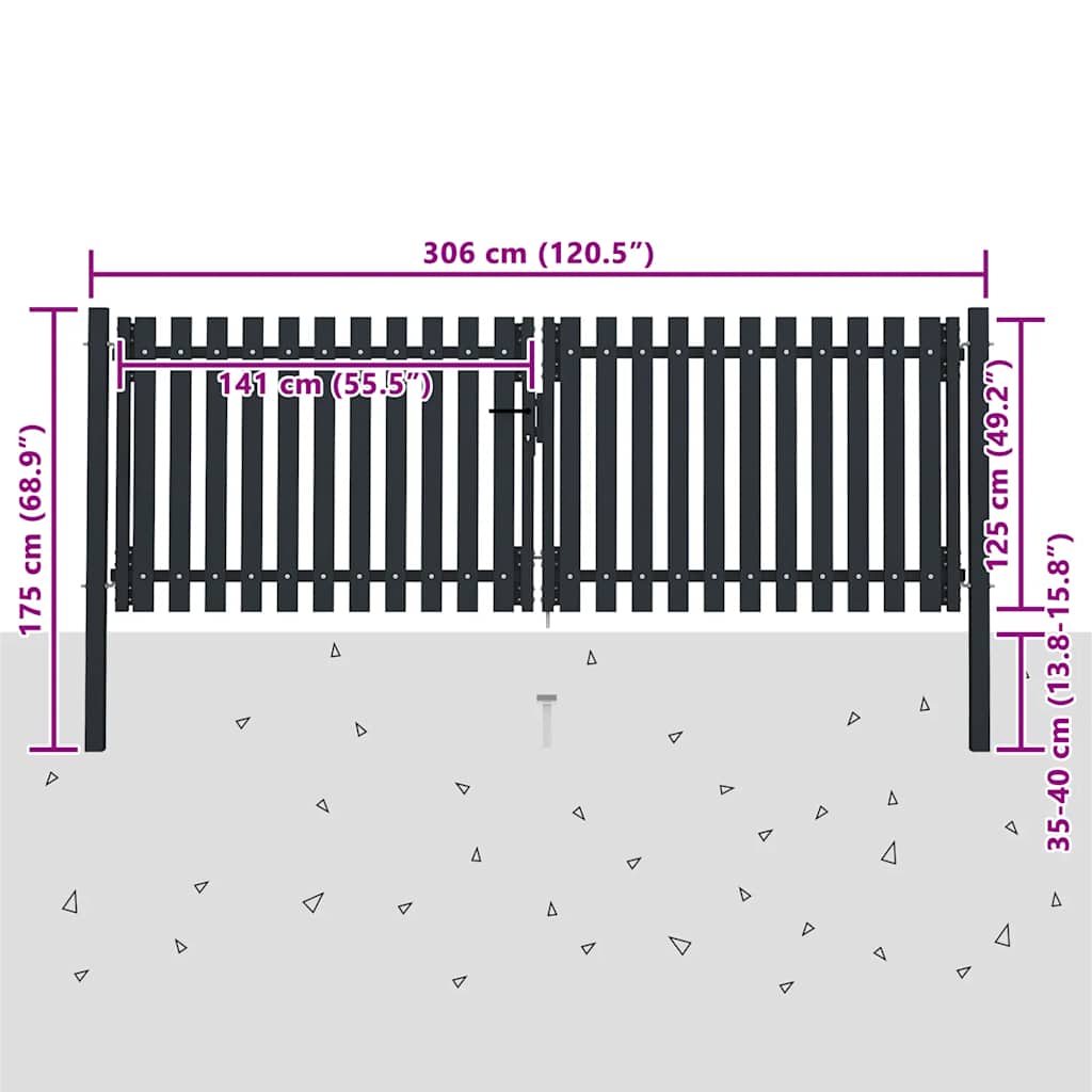 vidaXL Doppeltür-Gartentor aus Stahl 300 x 125 cm Anthrazit