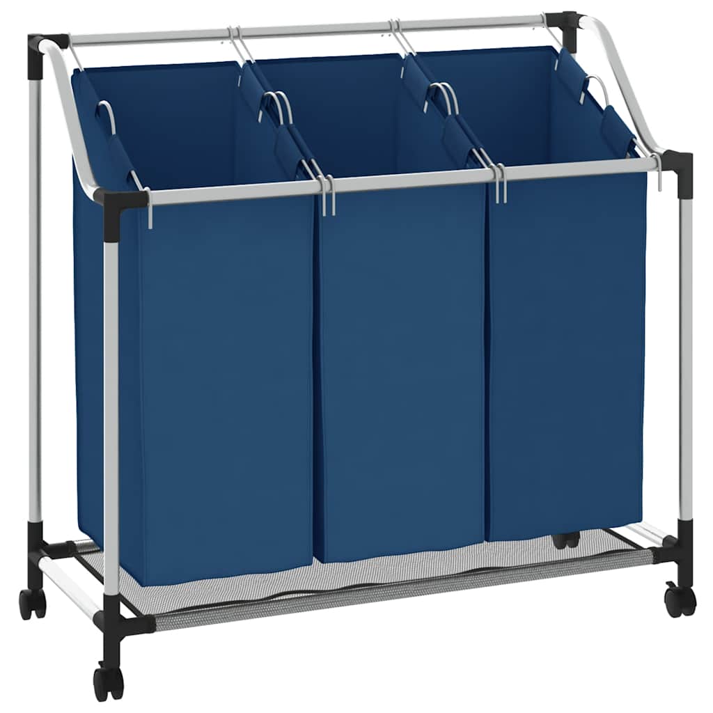 vidaXL Wäschesortierer mit 3 Taschen Blau Stahl