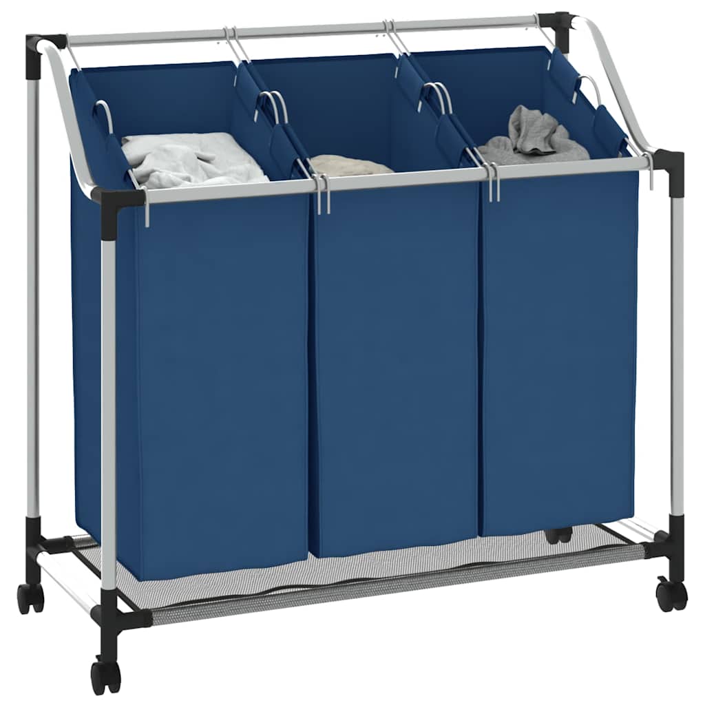 vidaXL Wäschesortierer mit 3 Taschen Blau Stahl