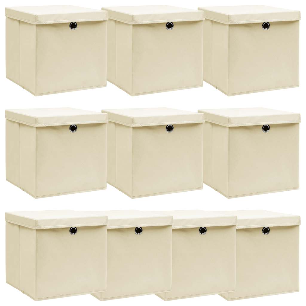 vidaXL Aufbewahrungsboxen mit Deckel 10 Stk. Creme 32x32x32 cm Stoff