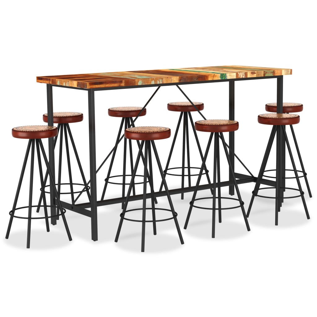 vidaXL 9-tlg. Bar-Set Recyceltes Massivholz, Echtleder und Canvas