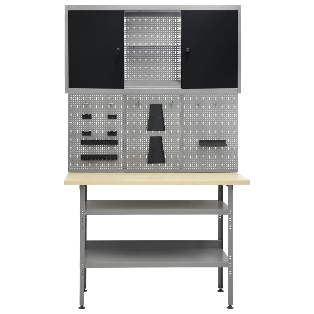 vidaXL Werkbank mit 3 Werkzeugwänden und 1 Wandschrank