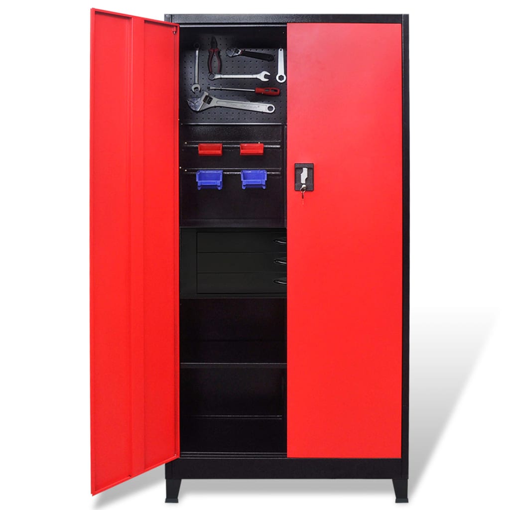 vidaXL Werkzeugschrank mit Werkzeugtruhe Stahl 90x40x180cm Rot Schwarz