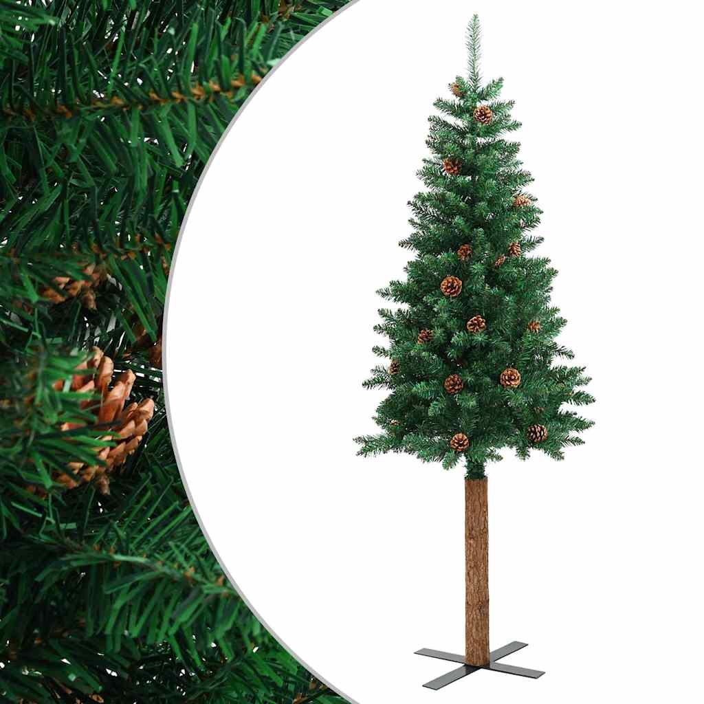 vidaXL Weihnachtsbaum Schlank mit Echtholz und Zapfen Grün 150 cm PVC