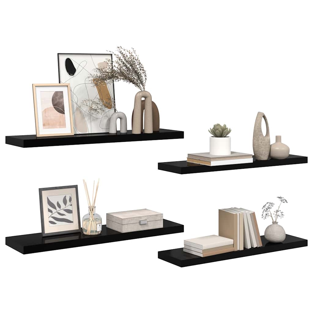 vidaXL Wandregale Schwebend 4 Stk. Hochglanz-Schwarz 90x23,5x3,8cm MDF
