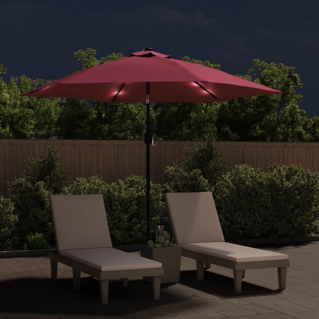 vidaXL Sonnenschirm mit LED-Beleuchtung Stahl-Mast 300 cm Bordeauxrot