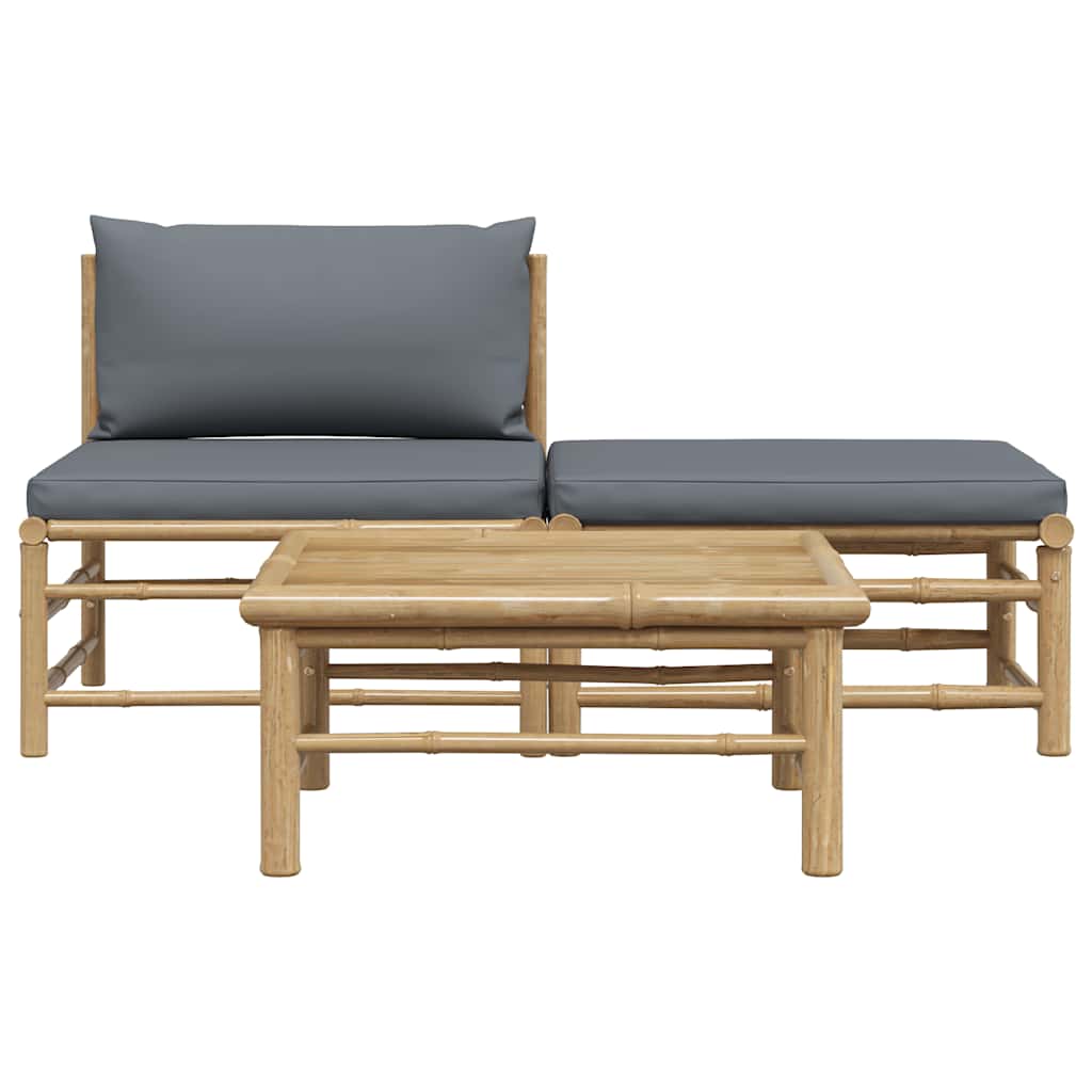 vidaXL 3-tlg. Garten-Lounge-Set mit Dunkelgrauen Kissen Bambus