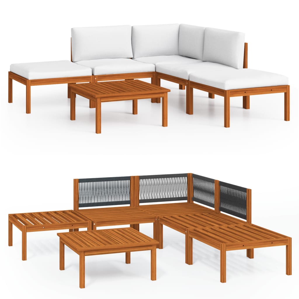 vidaXL 6-tlg. Garten-Lounge-Set mit Kissen Cremefarbenes Holz Akazie & Seil