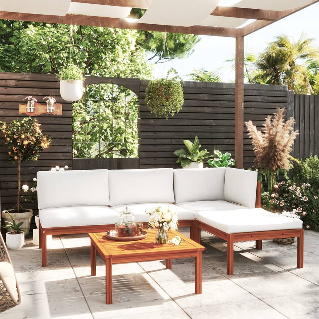 vidaXL 5-tlg. Garten-Lounge-Set mit Kissen Cremefarbenes Holz Akazie & Seil