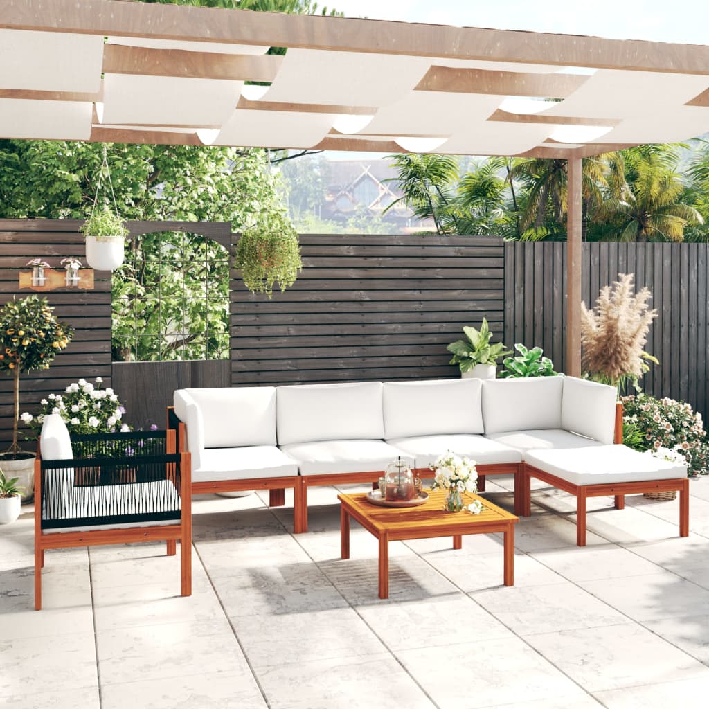 vidaXL 7-tlg. Garten-Lounge-Set mit Kissen Cremefarbenes Holz Akazie & Seil