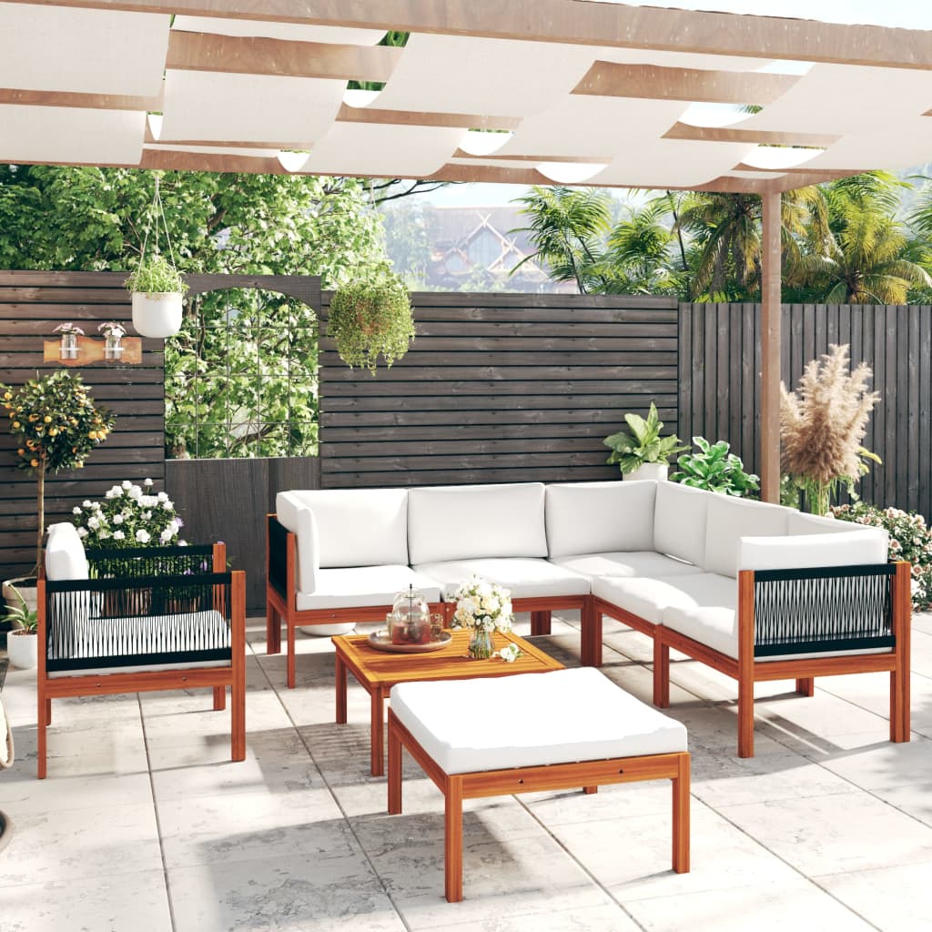 vidaXL 8-tlg. Garten-Lounge-Set mit Kissen Cremefarbenes Holz Akazie & Seil
