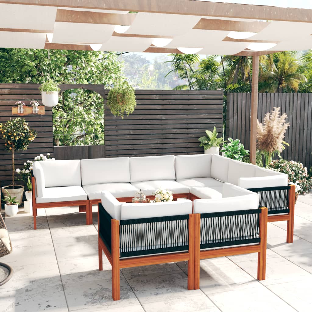 vidaXL 10-tlg. Garten-Lounge-Set mit Kissen Cremefarbenes Holz Akazie & Seil