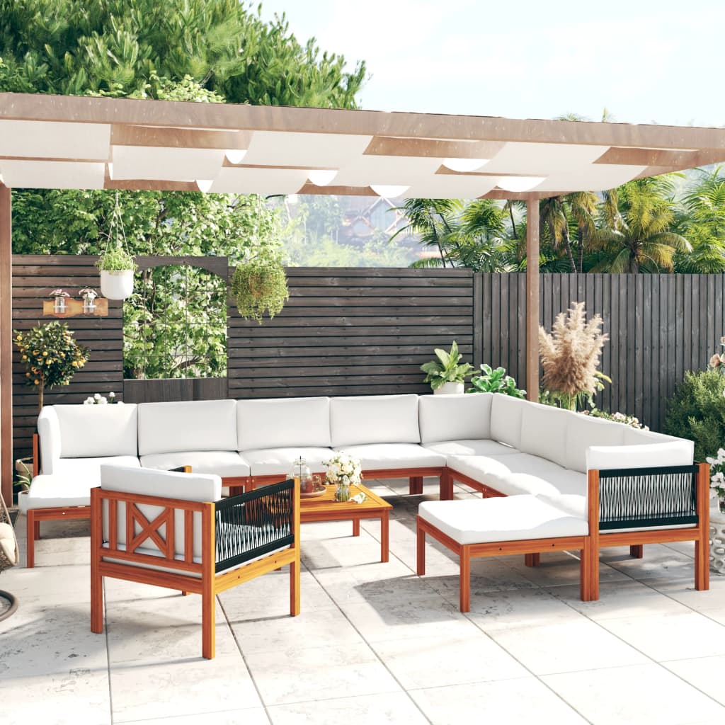 vidaXL 12-tlg. Garten-Lounge-Set mit Kissen Cremefarbenes Holz Akazie & Seil