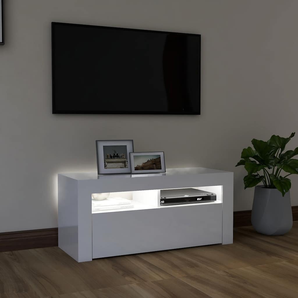 vidaXL TV-Schrank mit LED-Leuchten Hochglanz-Weiß 90x35x40 cm