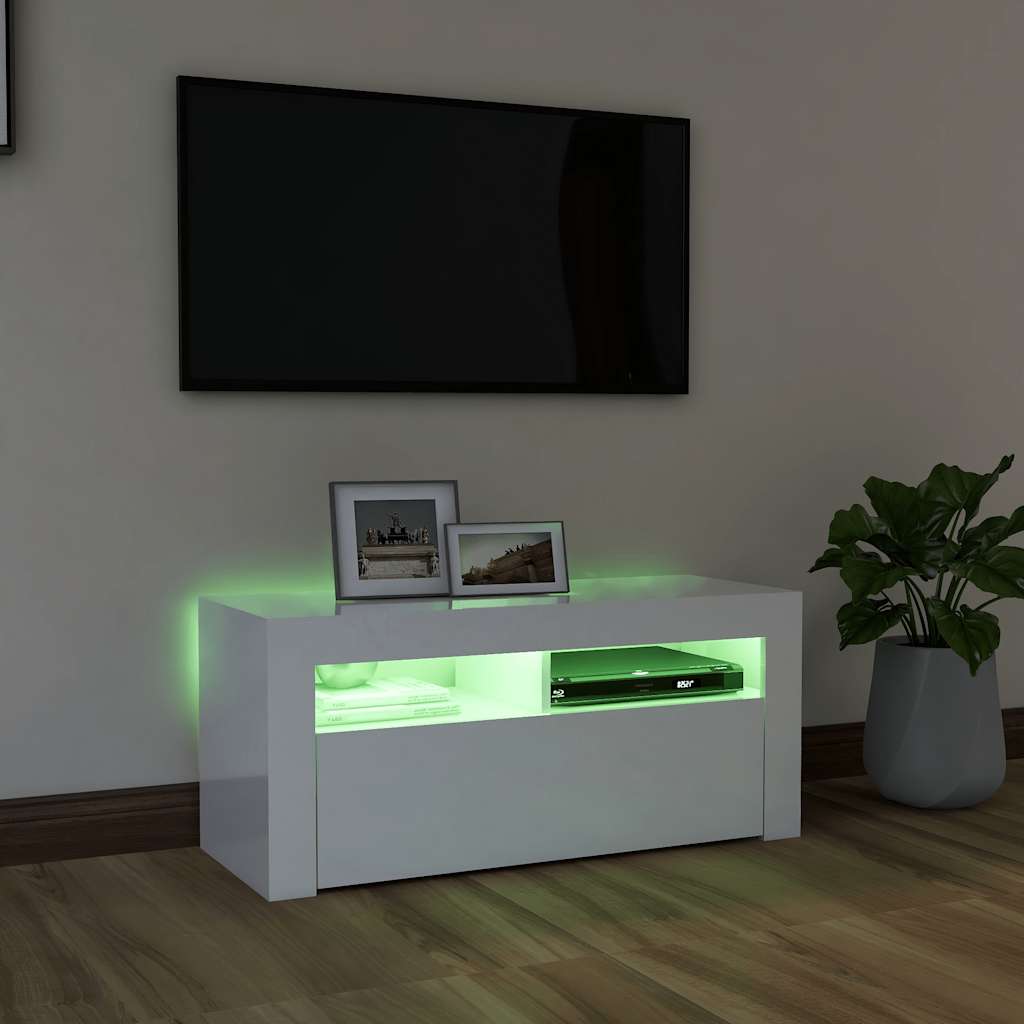 vidaXL TV-Schrank mit LED-Leuchten Hochglanz-Weiß 90x35x40 cm