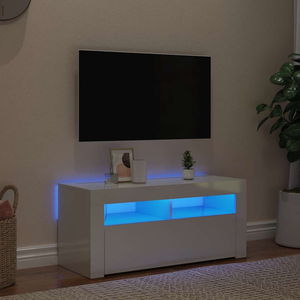 vidaXL TV-Schrank mit LED-Leuchten Hochglanz-Weiß 90x35x40 cm
