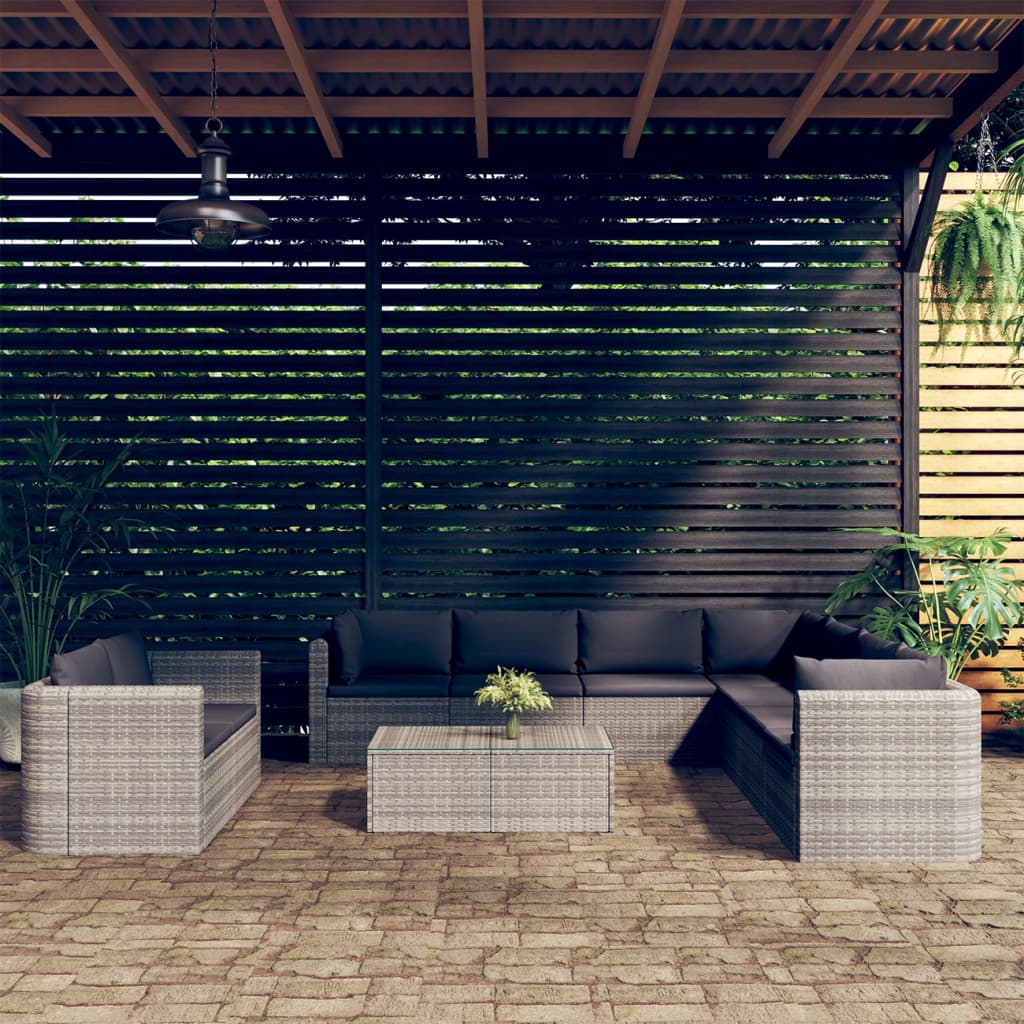 vidaXL 10-tlg. Garten-Lounge-Set mit Kissen Poly Rattan Grau