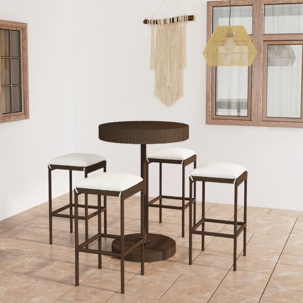 vidaXL 5-tlg. Gartenbar-Set mit Kissen Poly Rattan Braun