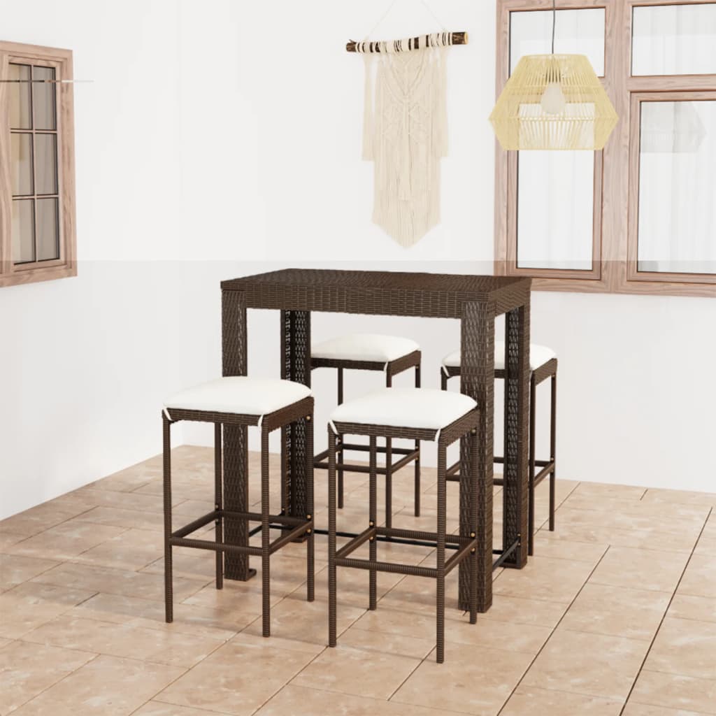 vidaXL 5-tlg. Gartenbar-Set mit Kissen Poly Rattan Braun