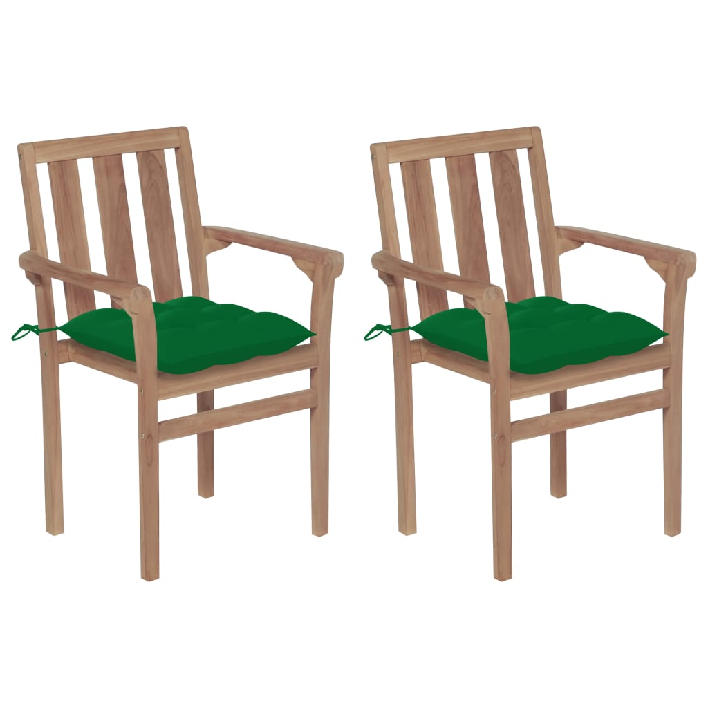 vidaXL Gartenstühle 2 Stk. mit Grünen Kissen Massivholz Teak