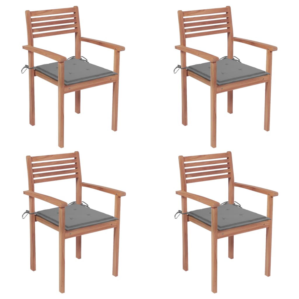 vidaXL Gartenstühle 4 Stk. mit Grauen Kissen Massivholz Teak