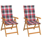 vidaXL Gartenstühle 2 Stk. Rote Karomuster Kissen Massivholz Teak