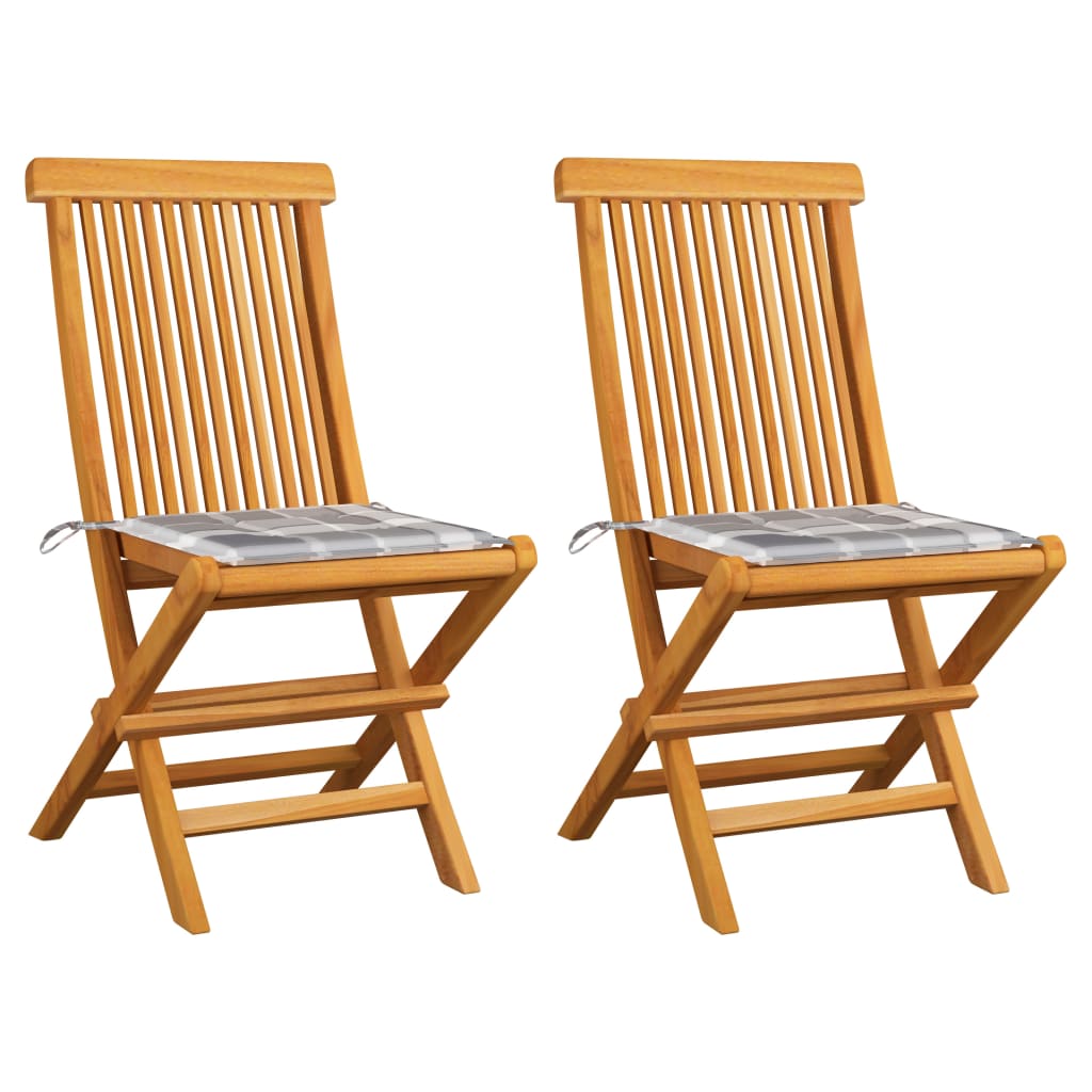 vidaXL Gartenstühle Graue Karomuster-Kissen 2 Stk. Massivholz Teak