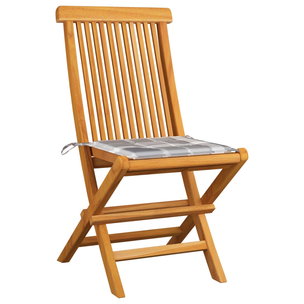 vidaXL Gartenstühle Graue Karomuster-Kissen 2 Stk. Massivholz Teak