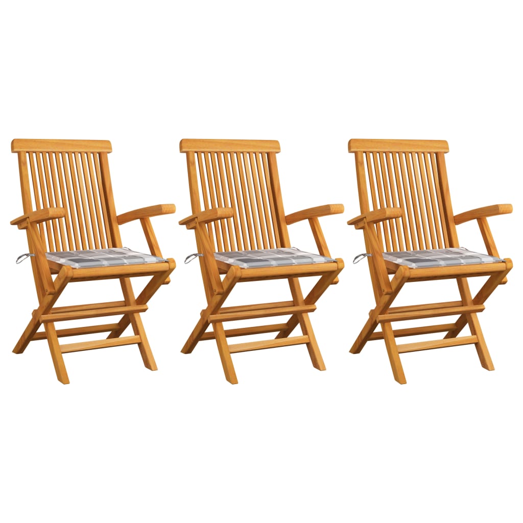 vidaXL Gartenstühle Graue Karomuster-Kissen 3 Stk. Massivholz Teak