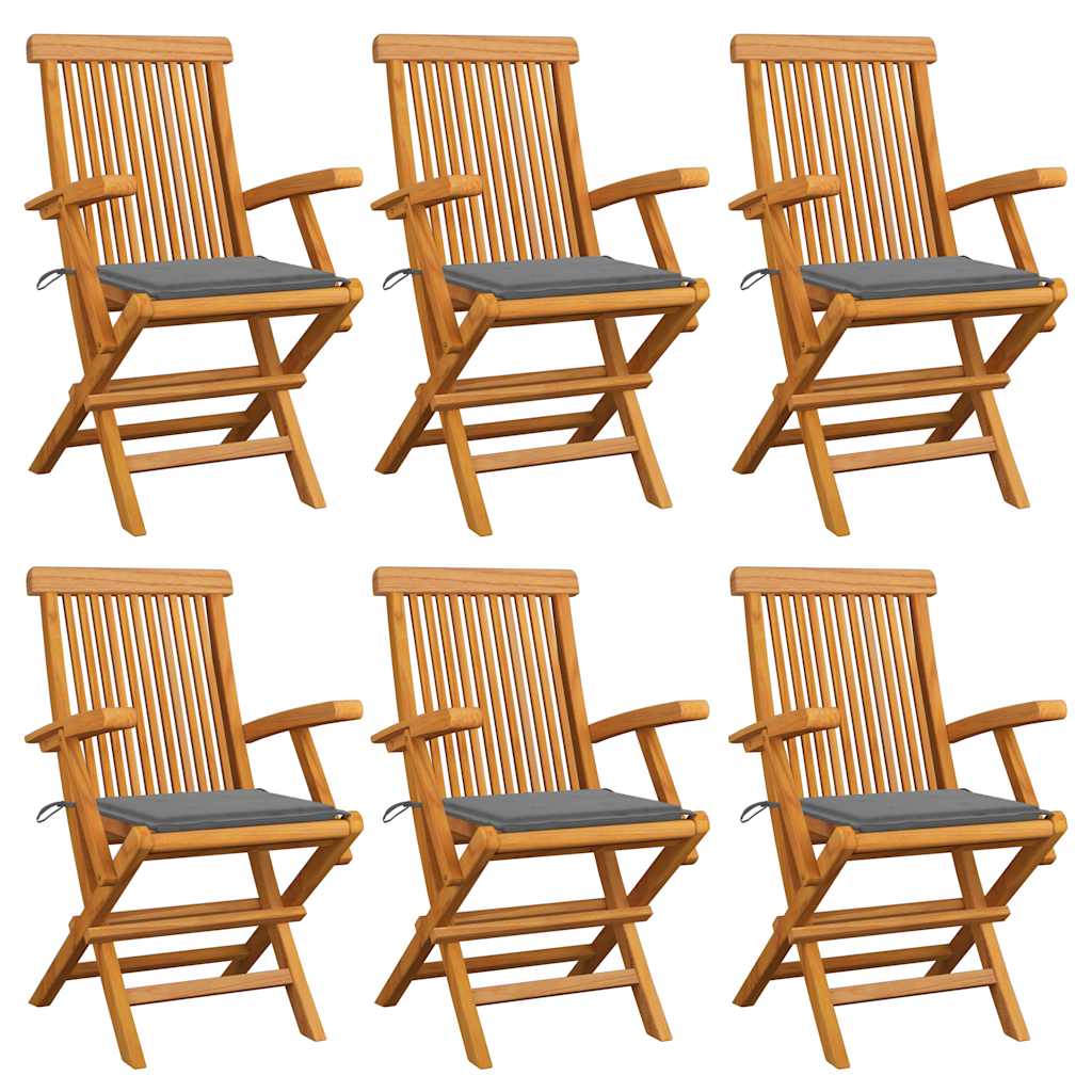 vidaXL Gartenstühle mit Grauen Kissen 6 Stk. Massivholz Teak
