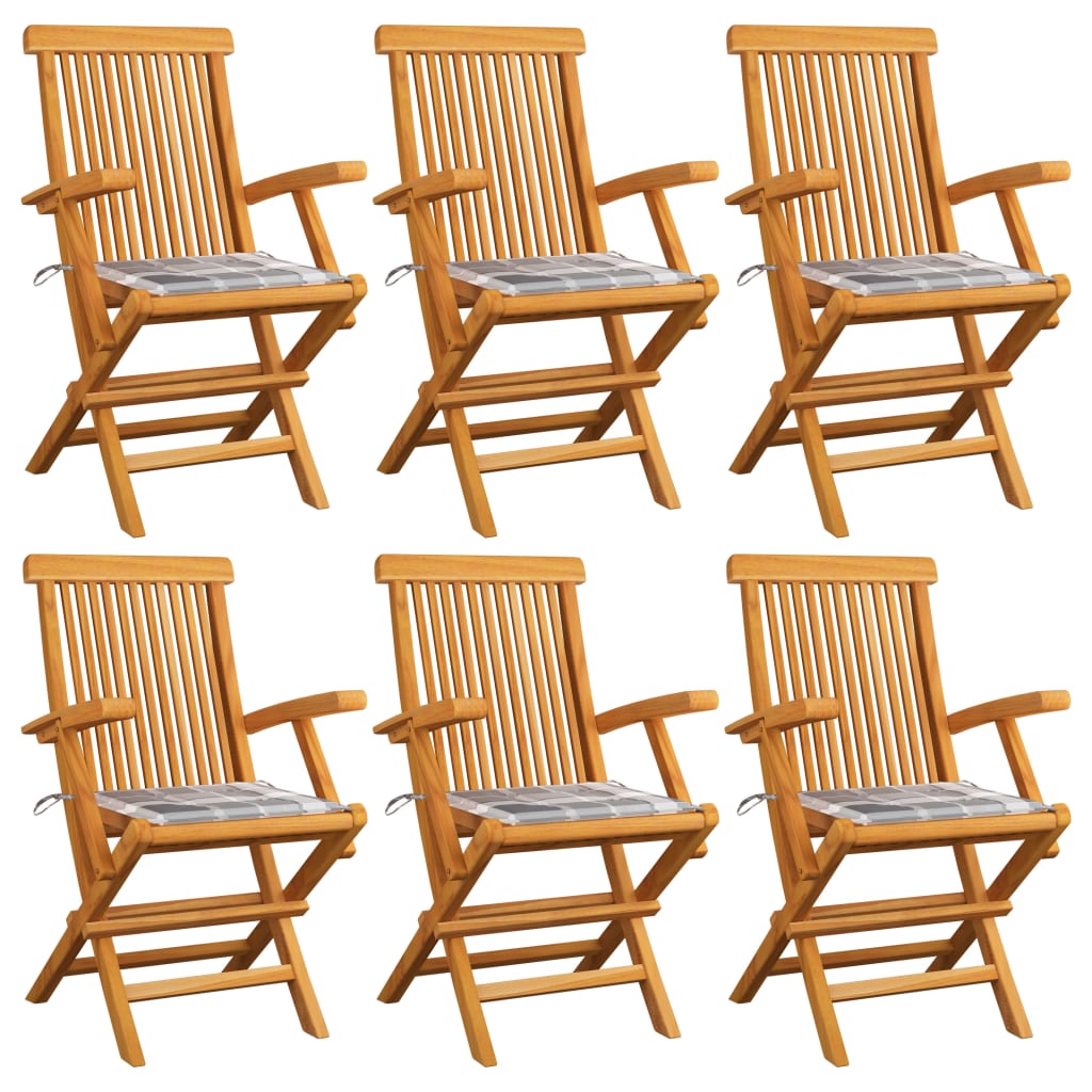 vidaXL Gartenstühle Graue Karomuster-Kissen 6 Stk. Massivholz Teak