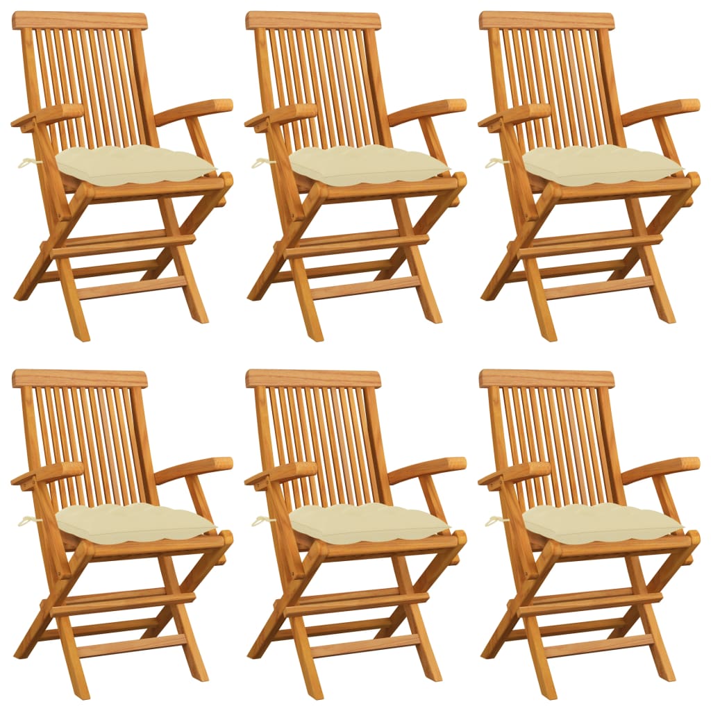 vidaXL Gartenstühle mit Cremeweißen Kissen 6 Stk. Massivholz Teak