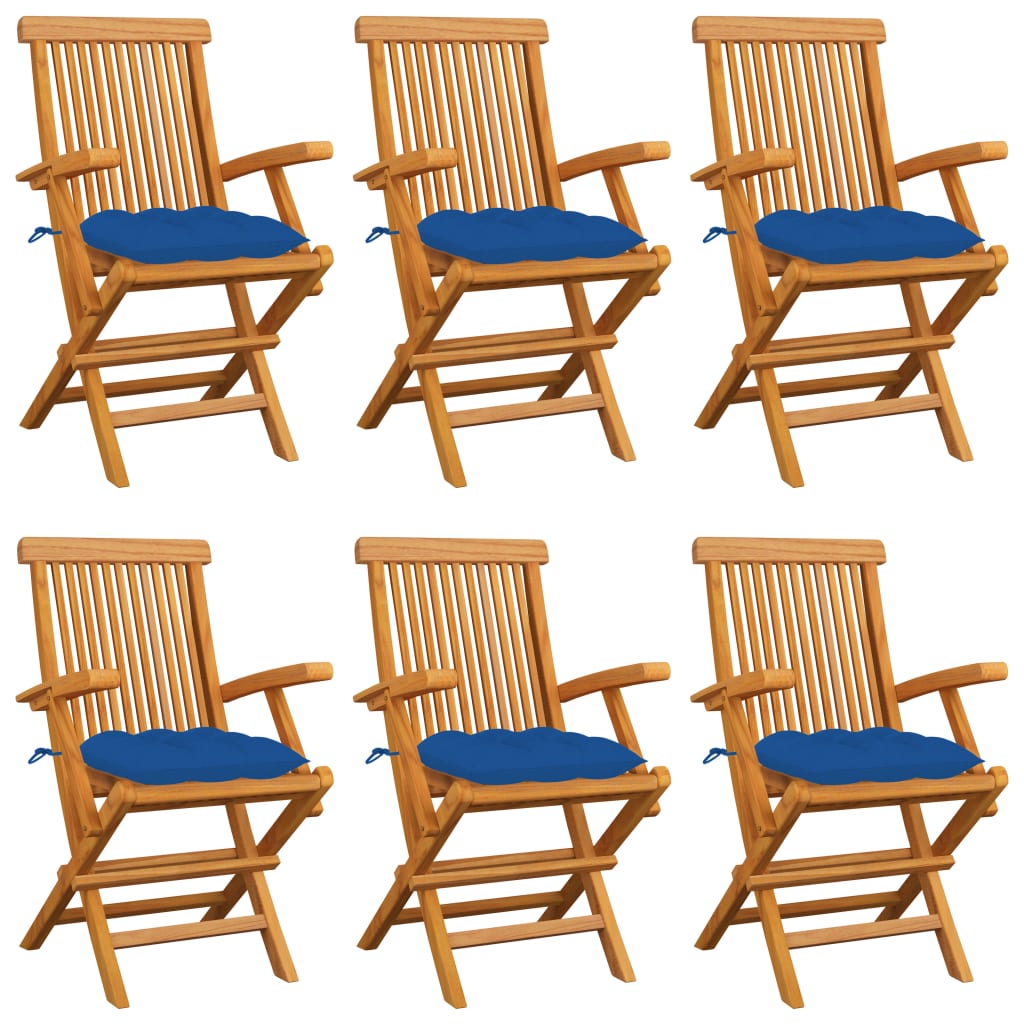 vidaXL Gartenstühle mit Blauen Kissen 6 Stk. Massivholz Teak