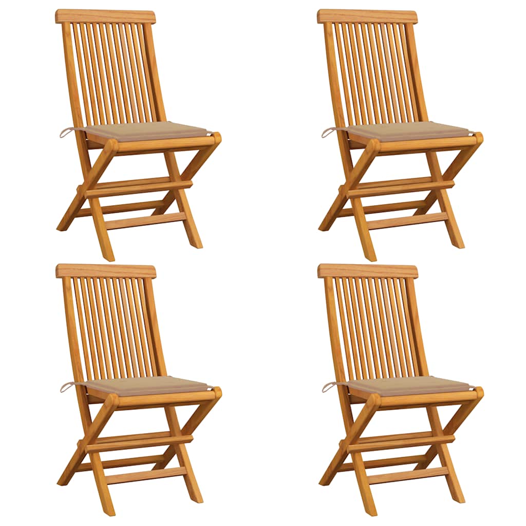 vidaXL Gartenstühle mit Beige Kissen 4 Stk. Teak Massivholz