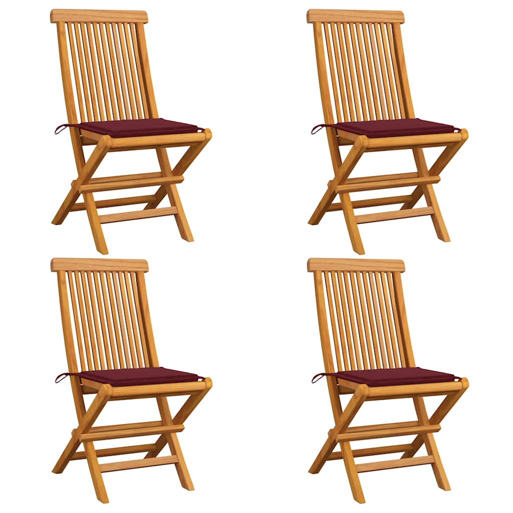 vidaXL Gartenstühle mit Weinroten Kissen 4 Stk. Massivholz Teak