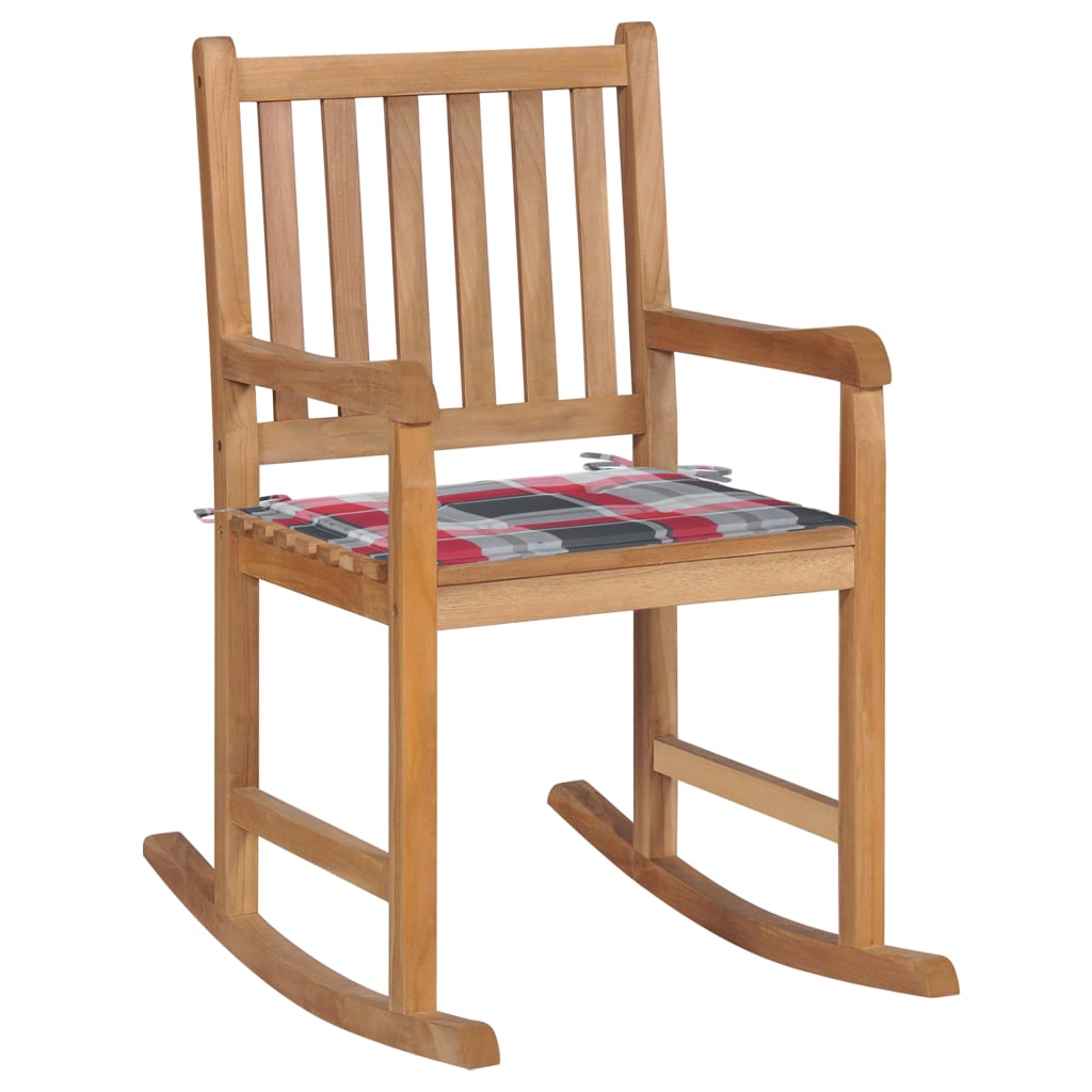 vidaXL Schaukelstuhl mit Rotem Karomuster-Kissen Massivholz Teak