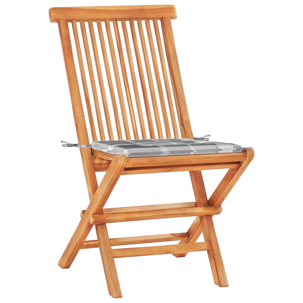 vidaXL 3-tlg. Bistro-Set mit Kissen Grau Karomuster Massivholz Teak