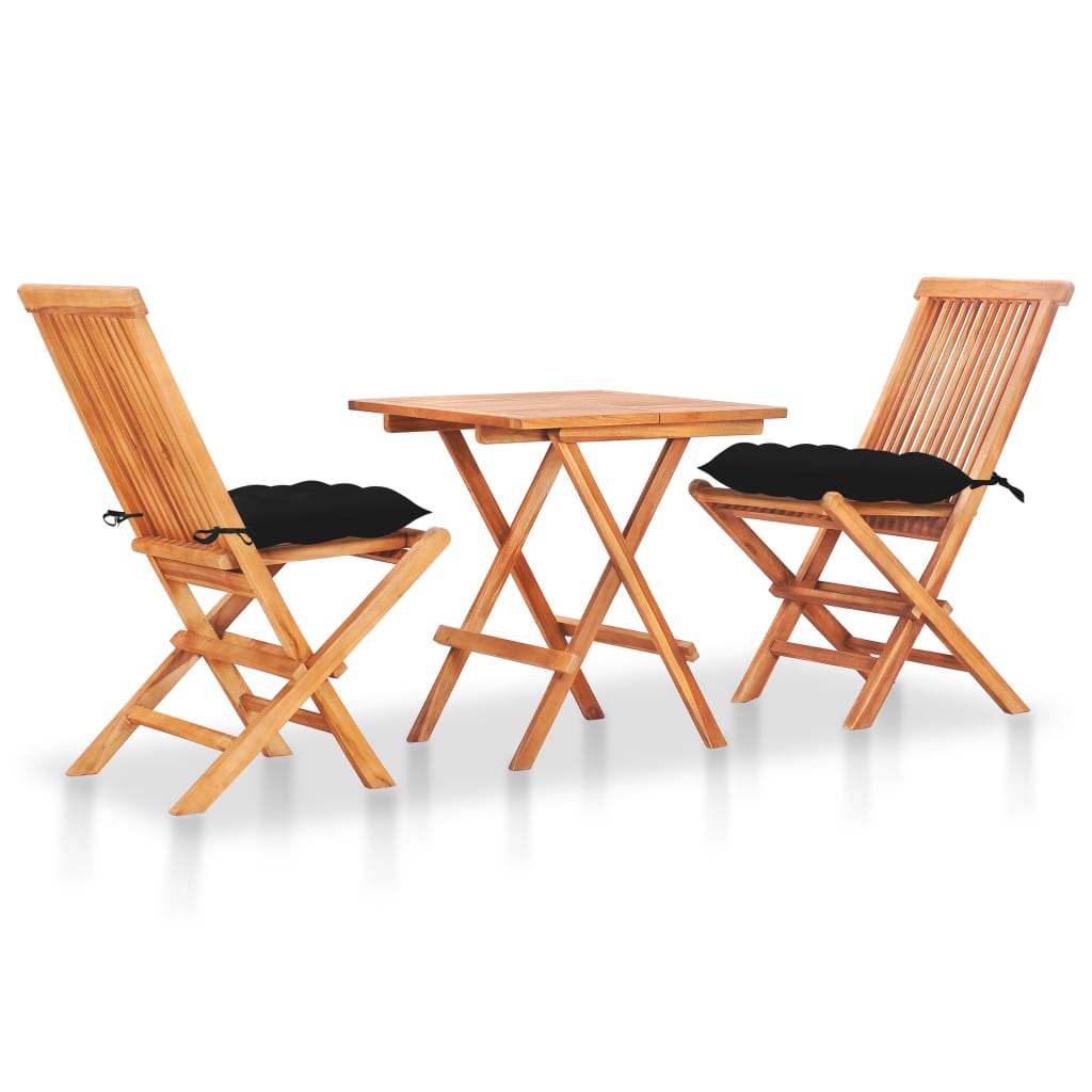 vidaXL 3-tlg. Bistro-Set mit Schwarzen Kissen Massivholz Teak