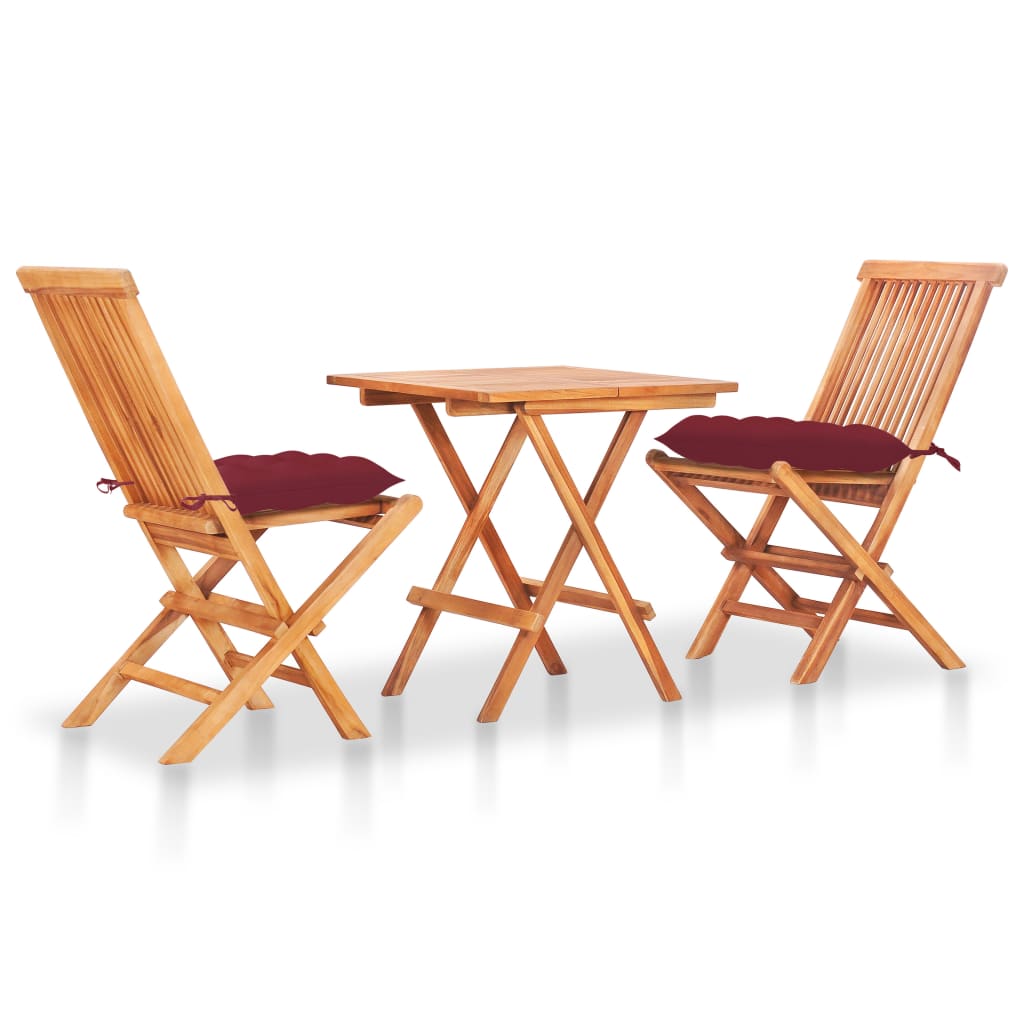 vidaXL 3-tlg. Bistro-Set mit Weinroten Kissen Massivholz Teak