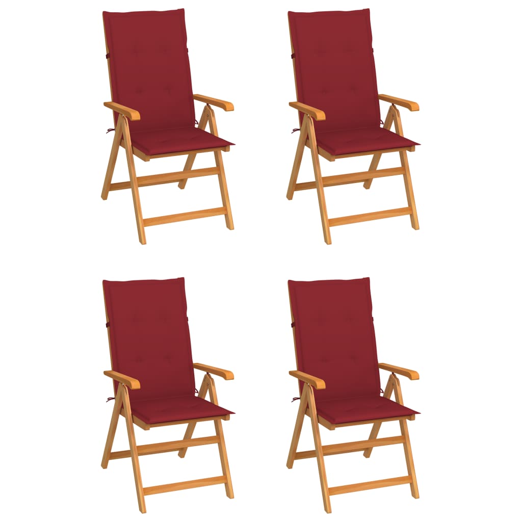 vidaXL Gartenstühle 4 Stk. mit Weinroten Kissen Massivholz Teak