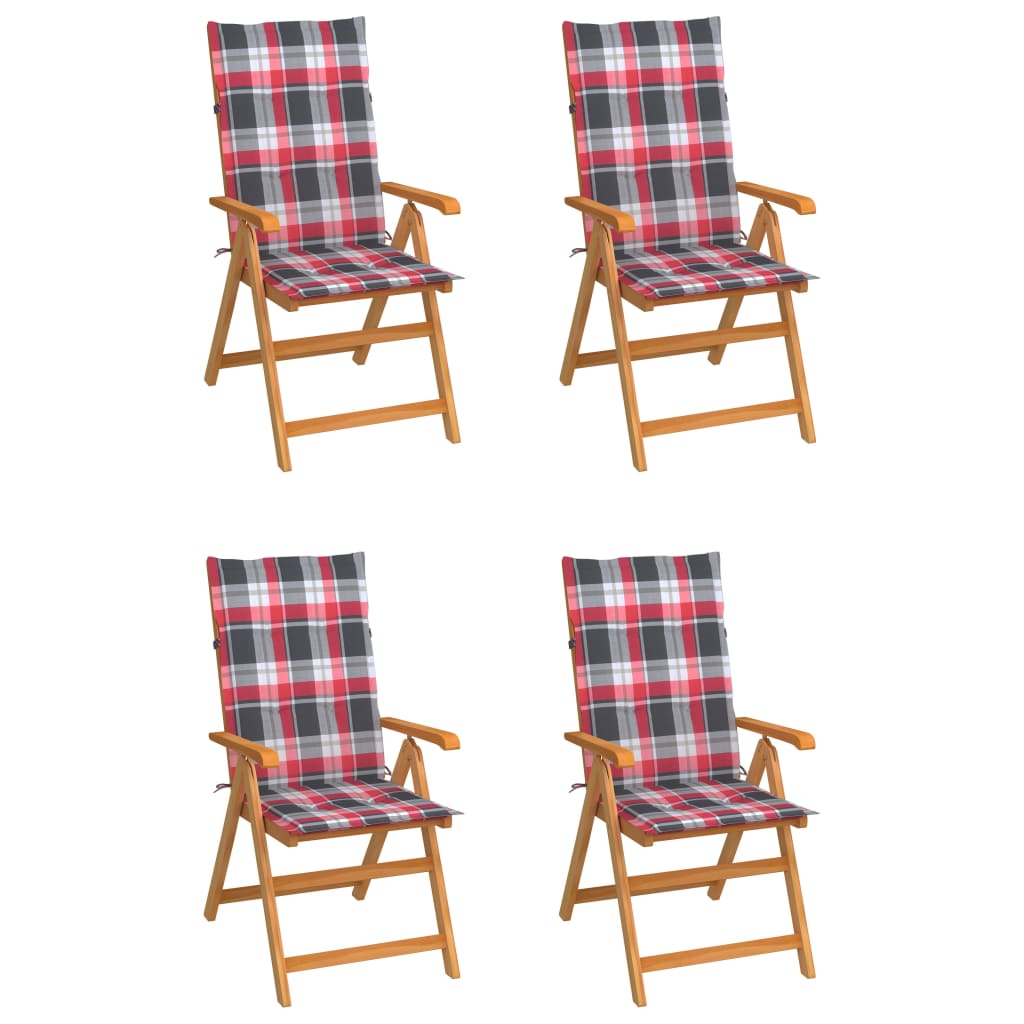 vidaXL Gartenstühle 4 Stk. Rote Karomuster-Kissen Massivholz Teak