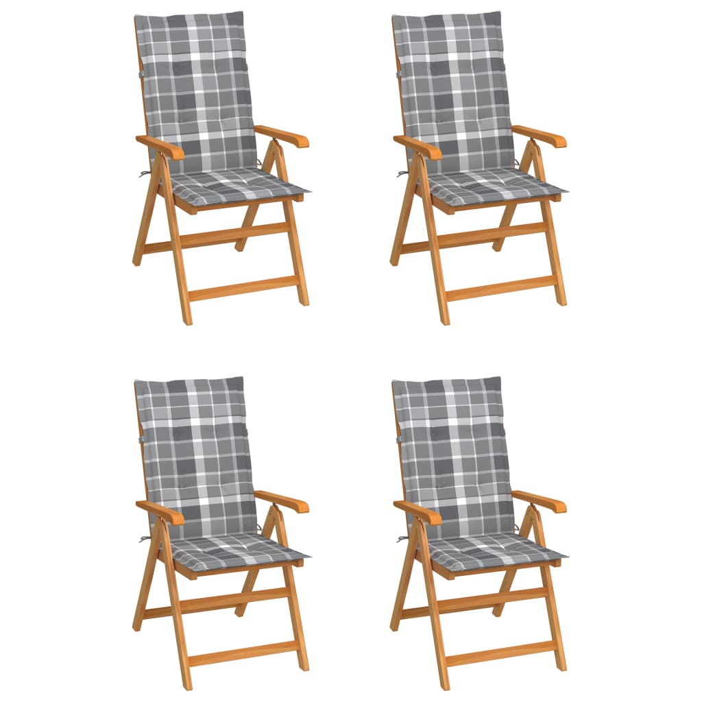 vidaXL Gartenstühle 4 Stk. Graue Karomuster-Kissen Massivholz Teak