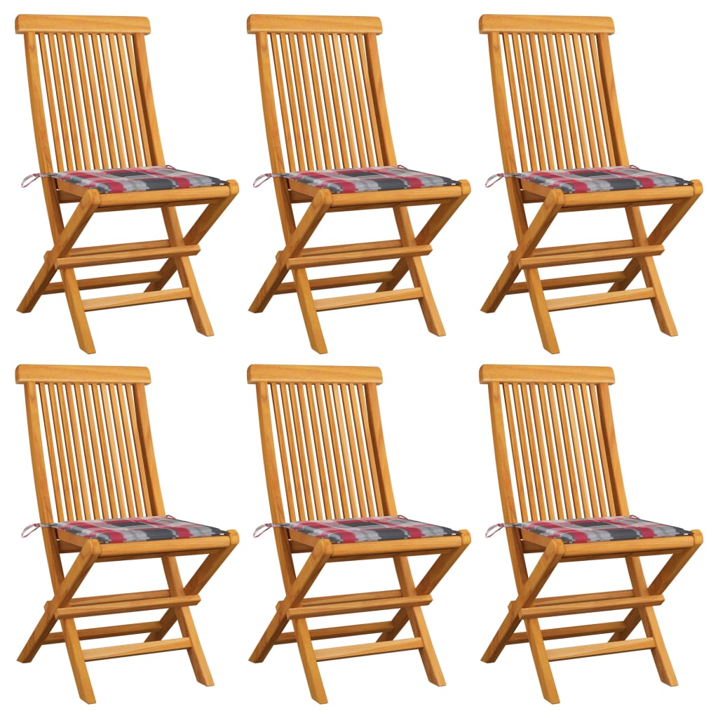 vidaXL Gartenstühle mit Kissen 6 Stk. Rot Karomuster Massivholz Teak