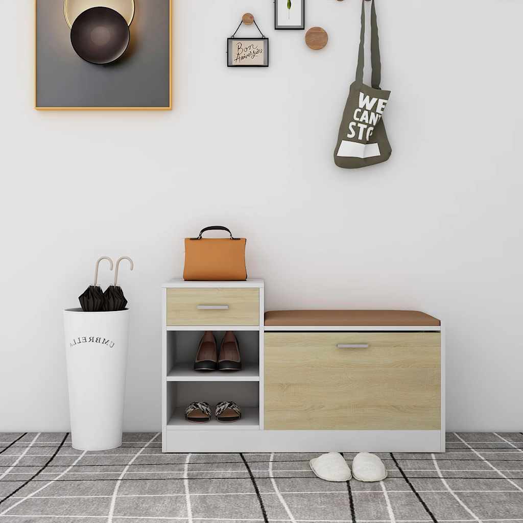 vidaXL Schuhbank Weiß und Sonoma-Eiche 94,5x31x57 cm Holzwerkstoff